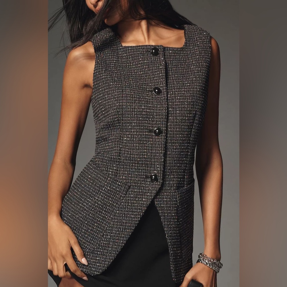 Net Anthropologie Maeve Square Neck Tweed Vest Black Multi